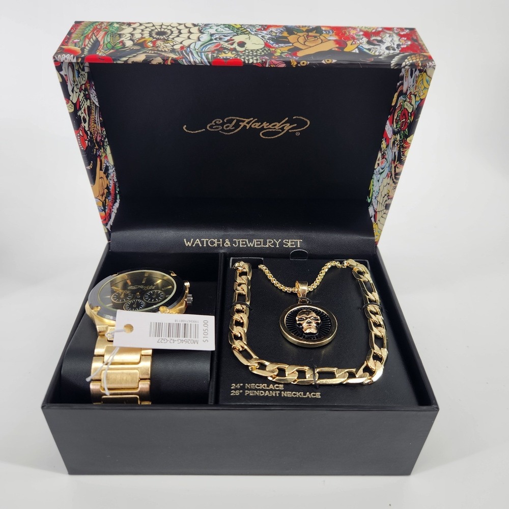 Ed Hardy Mens Gold Tone‎ Watch and Jewelry Set Skull Pendant M0264G-42-G27 NEW